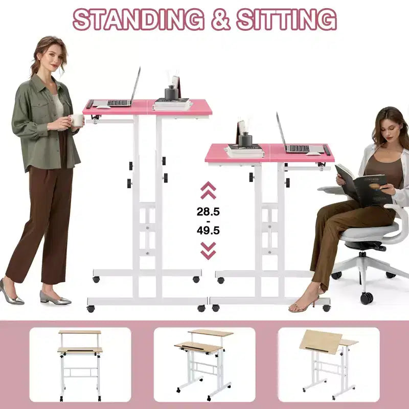 Bureau debout à hauteur réglable, postes de travail informatique avec plateau inclinable et roulettes verrouillables, bureau portable roulant pour ordinateur portable pour le bureau, marron