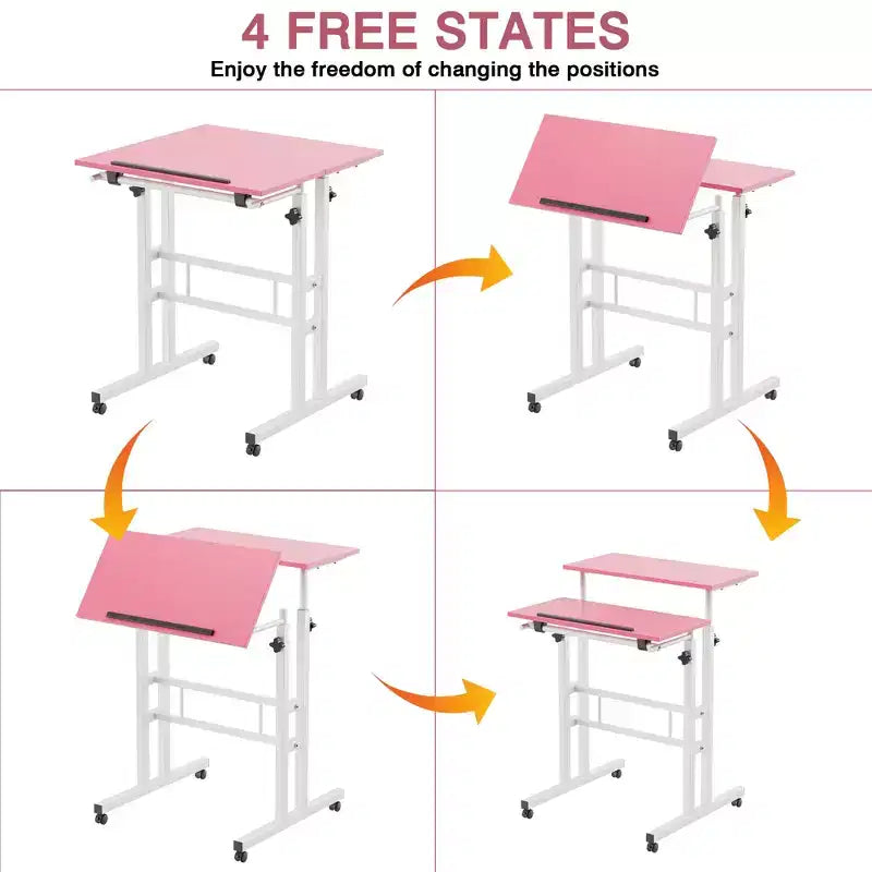 Bureau debout à hauteur réglable, postes de travail informatique avec plateau inclinable et roulettes verrouillables, bureau portable roulant pour ordinateur portable pour le bureau, marron
