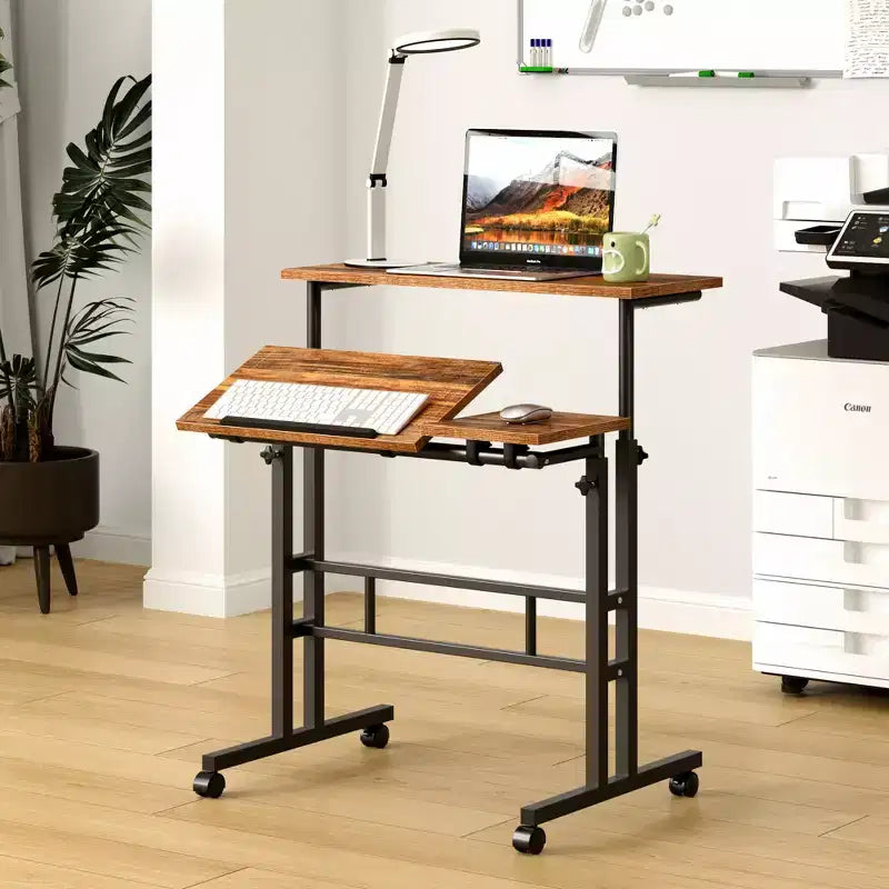 Bureau debout à hauteur réglable, postes de travail informatique avec plateau inclinable et roulettes verrouillables, bureau portable roulant pour ordinateur portable pour le bureau, marron