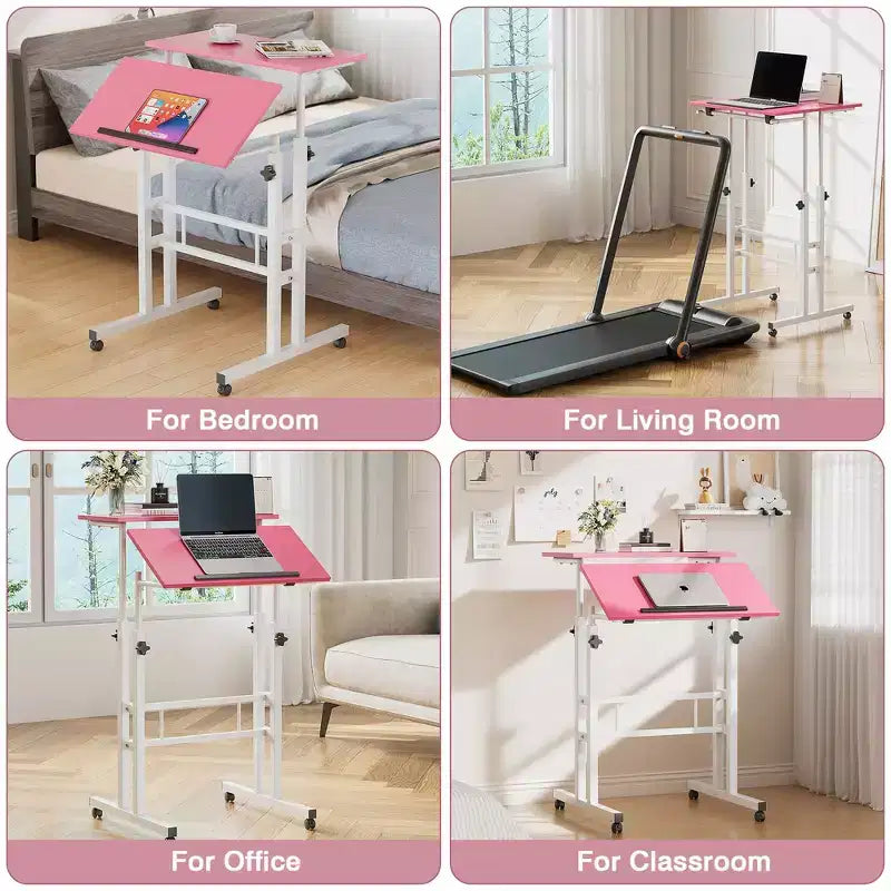 Bureau debout à hauteur réglable, postes de travail informatique avec plateau inclinable et roulettes verrouillables, bureau portable roulant pour ordinateur portable pour le bureau, marron