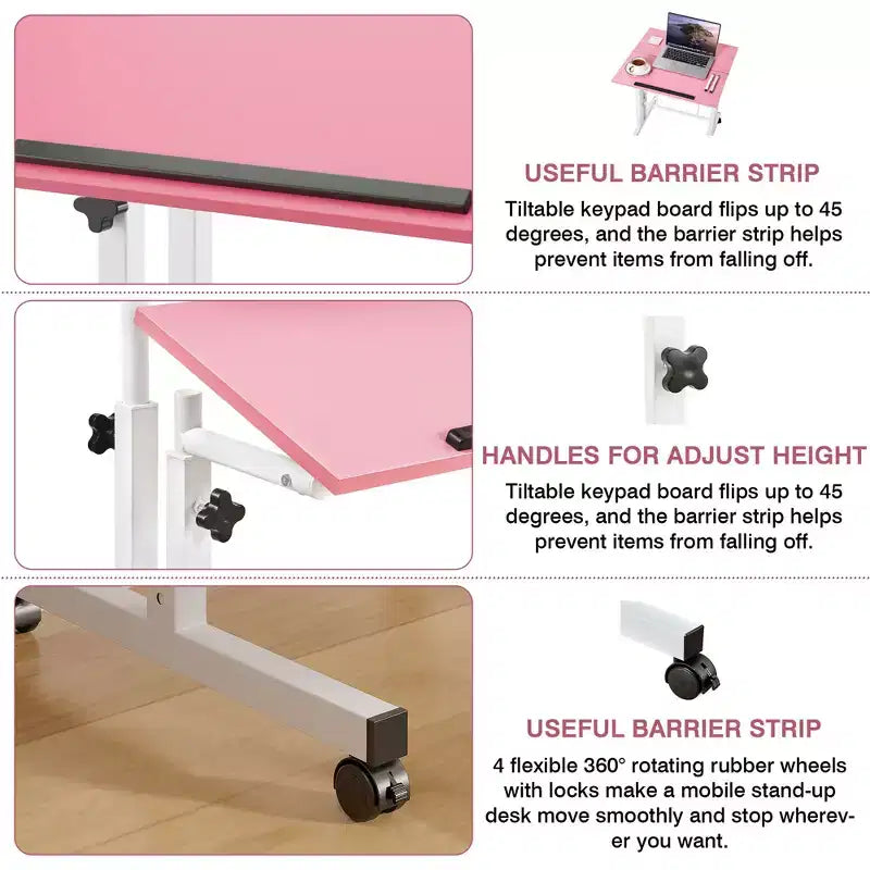 Bureau debout à hauteur réglable, postes de travail informatique avec plateau inclinable et roulettes verrouillables, bureau portable roulant pour ordinateur portable pour le bureau, marron