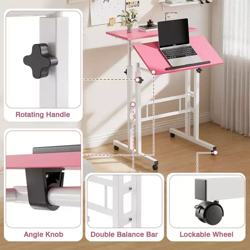 Bureau debout à hauteur réglable, postes de travail informatique avec plateau inclinable et roulettes verrouillables, bureau portable roulant pour ordinateur portable pour le bureau, marron