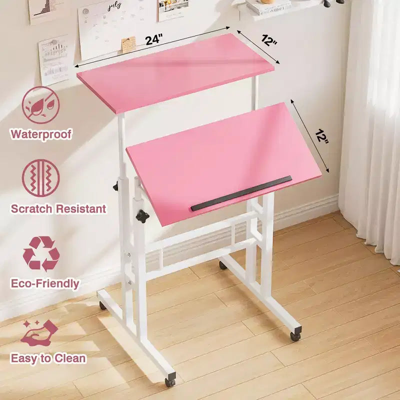 Bureau debout à hauteur réglable, postes de travail informatique avec plateau inclinable et roulettes verrouillables, bureau portable roulant pour ordinateur portable pour le bureau, marron
