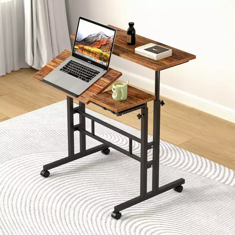 Bureau debout à hauteur réglable, postes de travail informatique avec plateau inclinable et roulettes verrouillables, bureau portable roulant pour ordinateur portable pour le bureau, marron