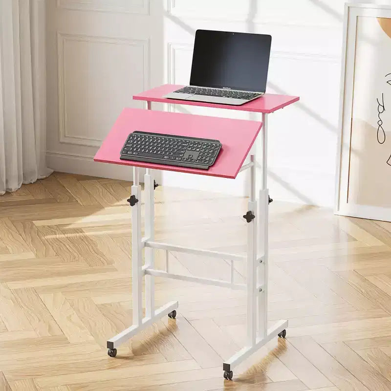 VECELO Standing Desk Adjustable Height, Computer Workstations with Tiltable Tabletop & Lockable Wheels, Portable Rolling Laptop Desk for Office, Brown