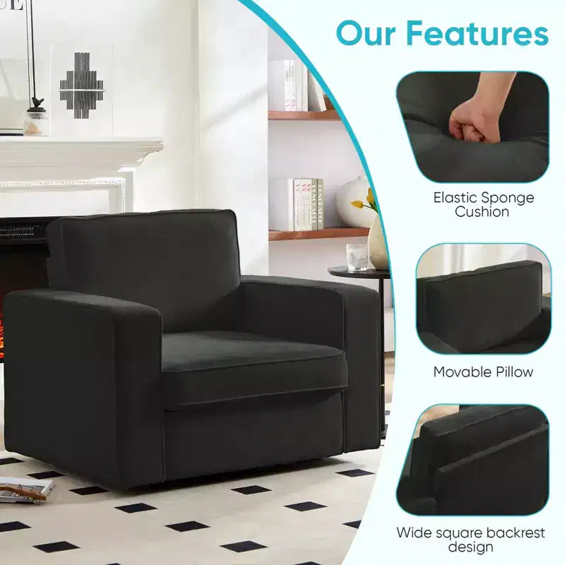 Fauteuil pivotant moderne 360 Accent, Fauteuil capitonné à accoudoirs carrés, Fauteuil inclinable simple en chenille confortable