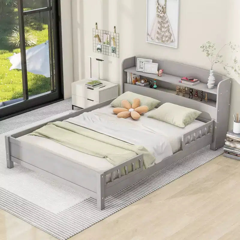 Okak Full Size Bed Frame with Headboard, Wood Platform Bed with Built-in LED Light, Storage Headboard and Guardrail, Antique Gray