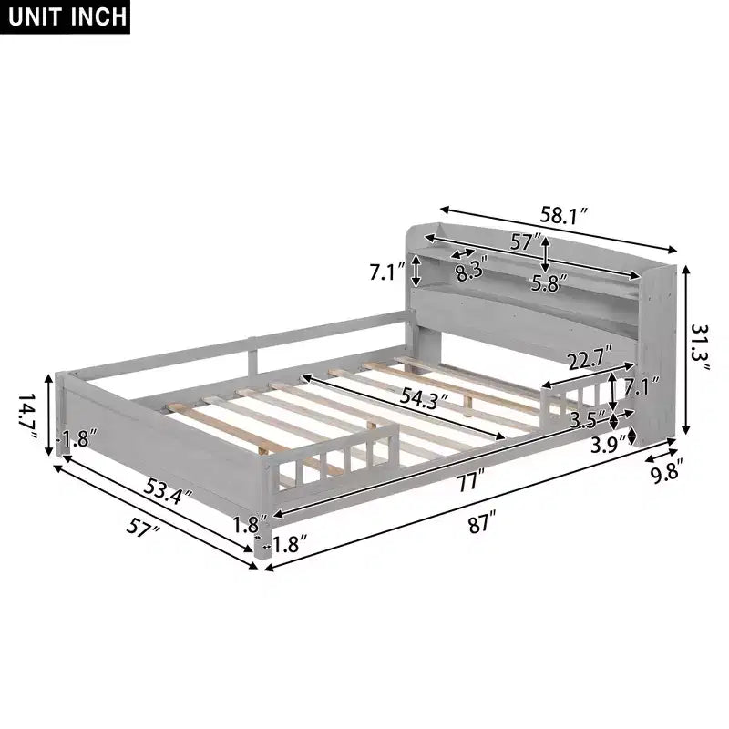 Cadre de lit double avec tête de lit, lit plateforme en bois avec lumière LED intégrée, tête de lit de rangement et barrière de sécurité, gris antique