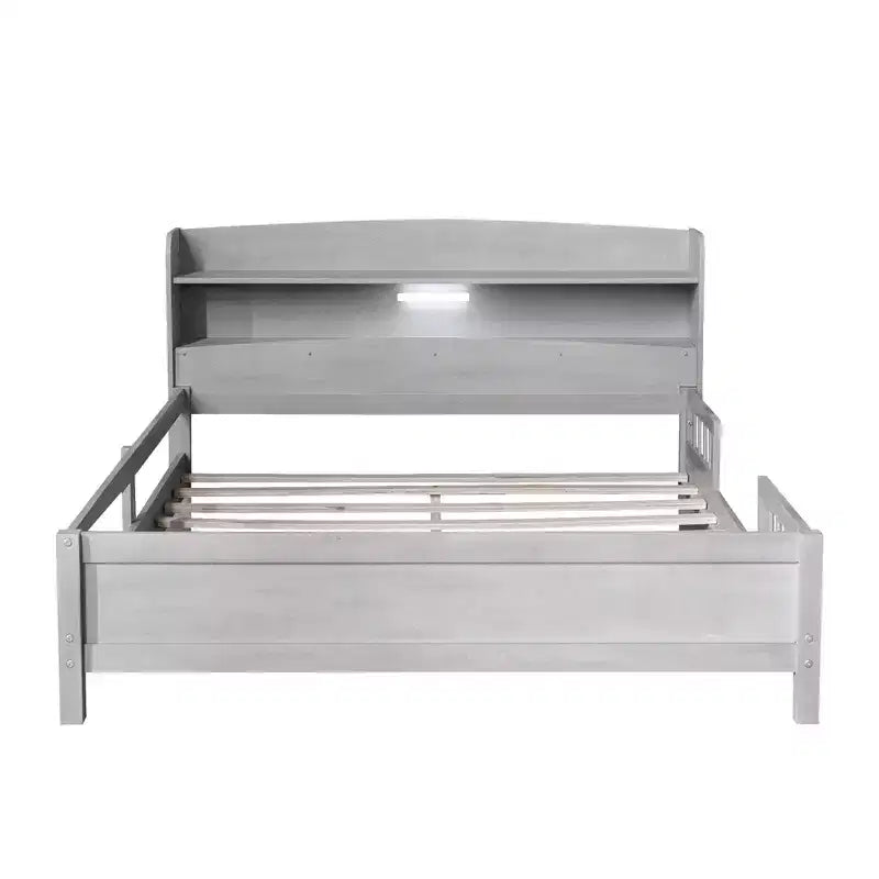Cadre de lit double avec tête de lit, lit plateforme en bois avec lumière LED intégrée, tête de lit de rangement et barrière de sécurité, gris antique