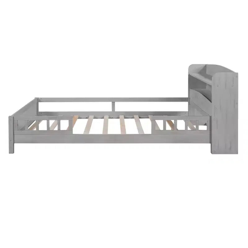 Cadre de lit double avec tête de lit, lit plateforme en bois avec lumière LED intégrée, tête de lit de rangement et barrière de sécurité, gris antique