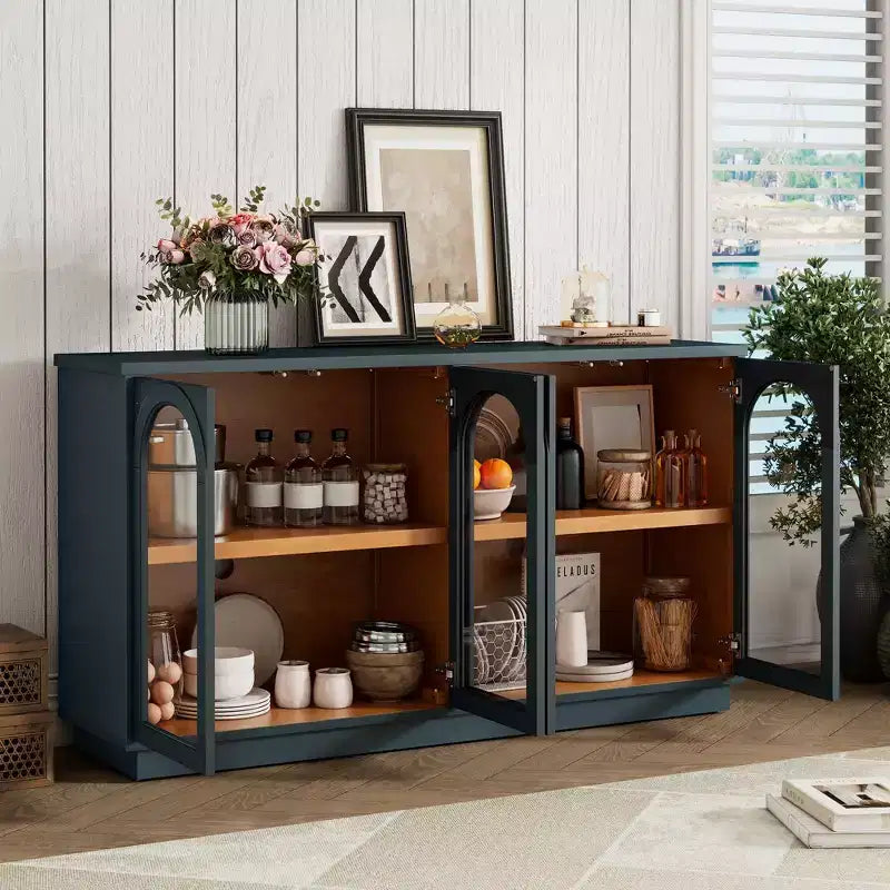 Buffet de rangement 4 portes avec portes vitrées, meuble arqué avec étagères réglables pour la cuisine