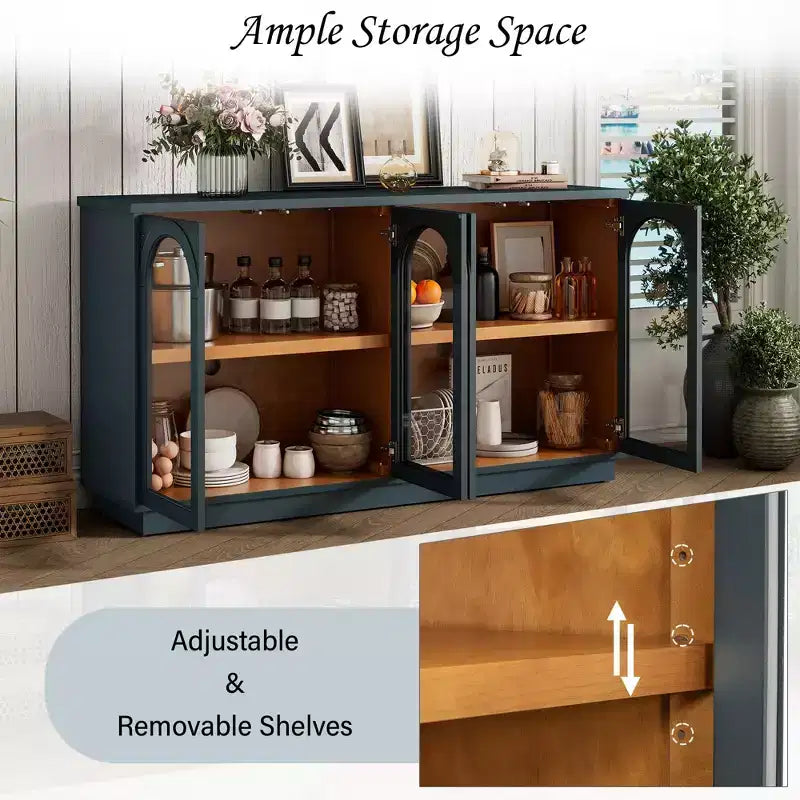 Buffet de rangement 4 portes avec portes vitrées, meuble arqué avec étagères réglables pour la cuisine
