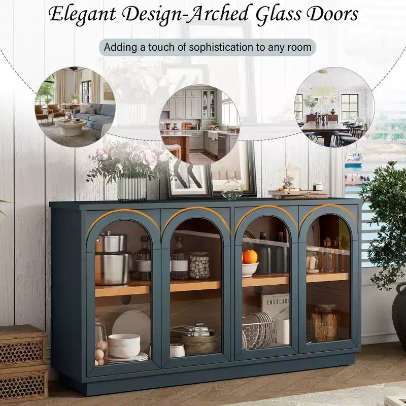Buffet de rangement 4 portes avec portes vitrées, meuble arqué avec étagères réglables pour la cuisine