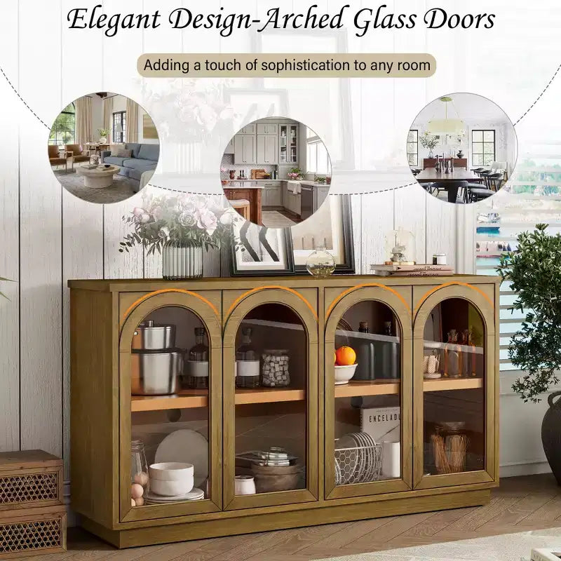 Buffet de rangement 4 portes avec portes vitrées, meuble arqué avec étagères réglables pour la cuisine
