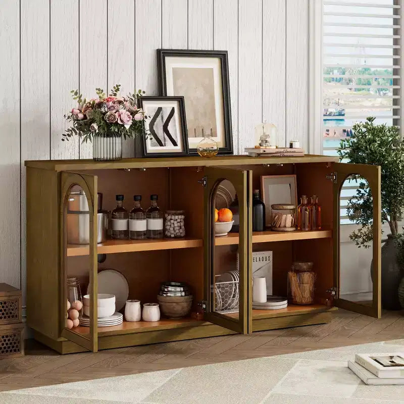 Buffet de rangement 4 portes avec portes vitrées, meuble arqué avec étagères réglables pour la cuisine