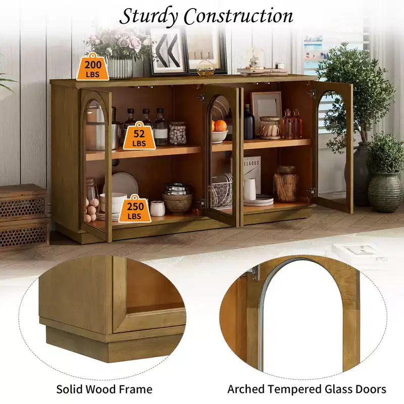 Buffet de rangement 4 portes avec portes vitrées, meuble arqué avec étagères réglables pour la cuisine
