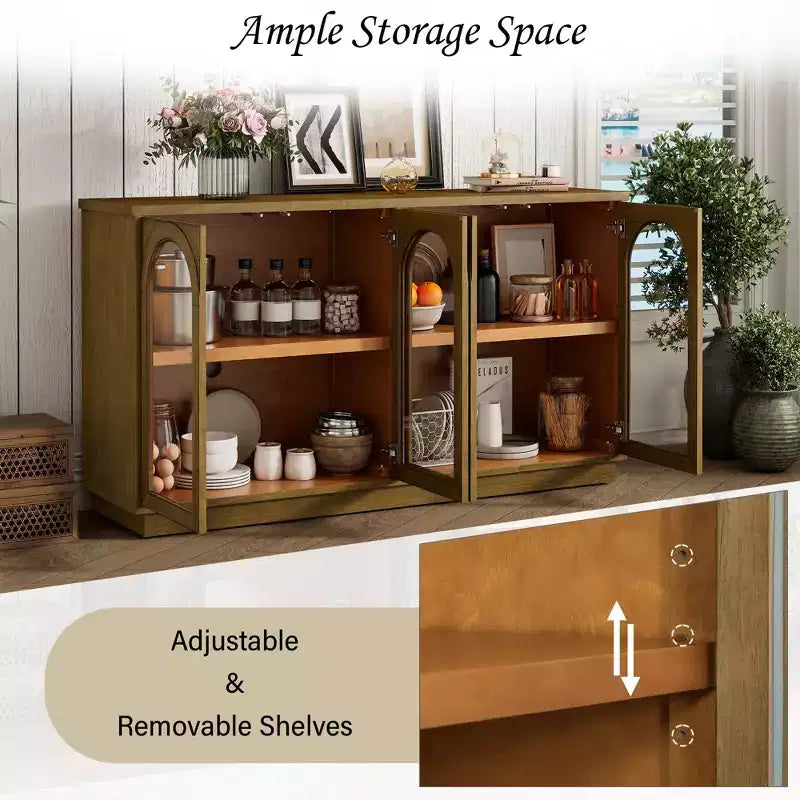 Buffet de rangement 4 portes avec portes vitrées, meuble arqué avec étagères réglables pour la cuisine