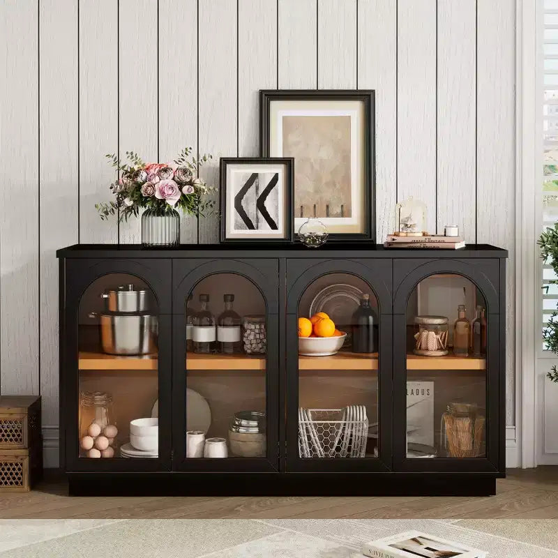 Buffet de rangement 4 portes avec portes vitrées, meuble arqué avec étagères réglables pour la cuisine