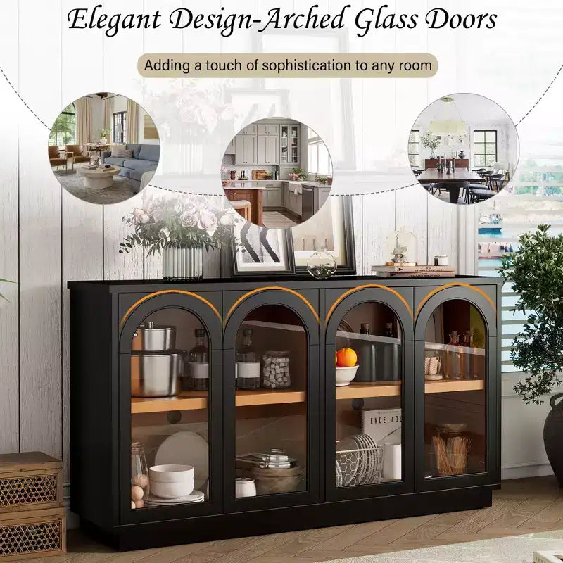 Buffet de rangement 4 portes avec portes vitrées, meuble arqué avec étagères réglables pour la cuisine