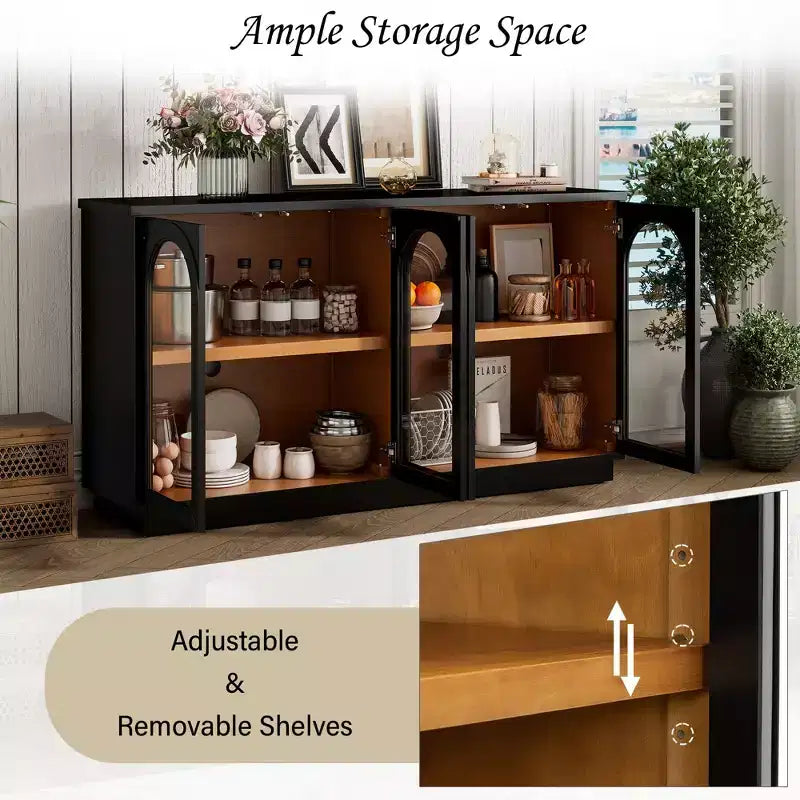 Buffet de rangement 4 portes avec portes vitrées, meuble arqué avec étagères réglables pour la cuisine