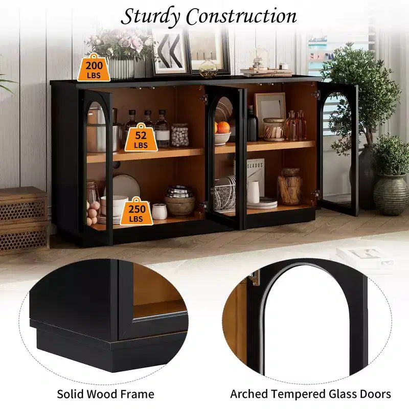 Buffet de rangement 4 portes avec portes vitrées, meuble arqué avec étagères réglables pour la cuisine