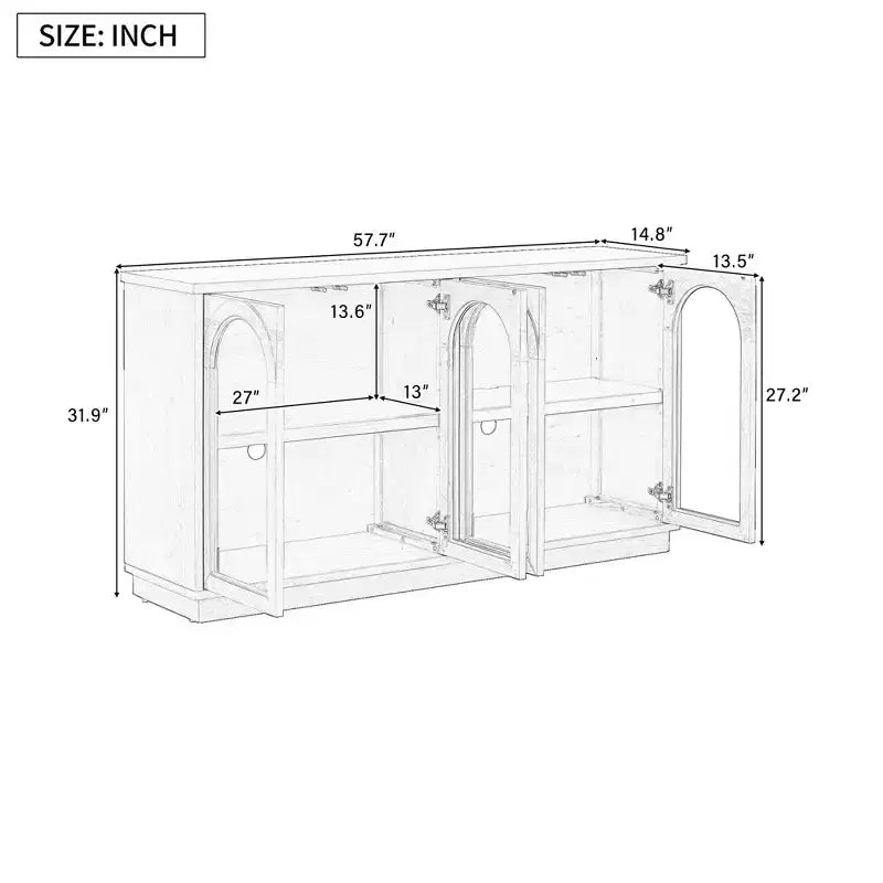 Buffet de rangement 4 portes avec portes vitrées, meuble arqué avec étagères réglables pour la cuisine