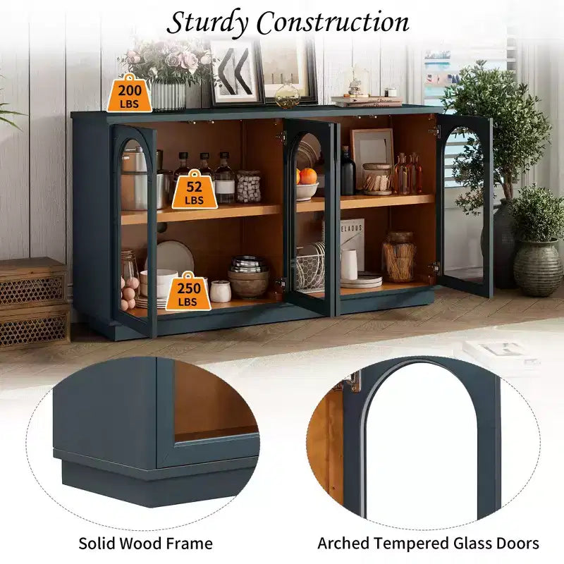 Buffet de rangement 4 portes avec portes vitrées, meuble arqué avec étagères réglables pour la cuisine