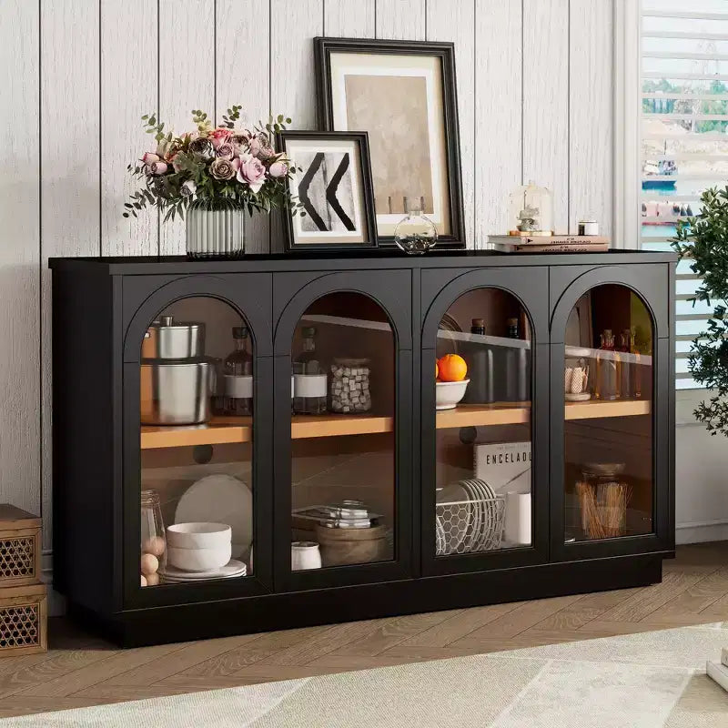 4-Door Large Storage Buffet Cabinet with Glass Doors, Arched Cabinet with Adjustable Shelves for Kitchen