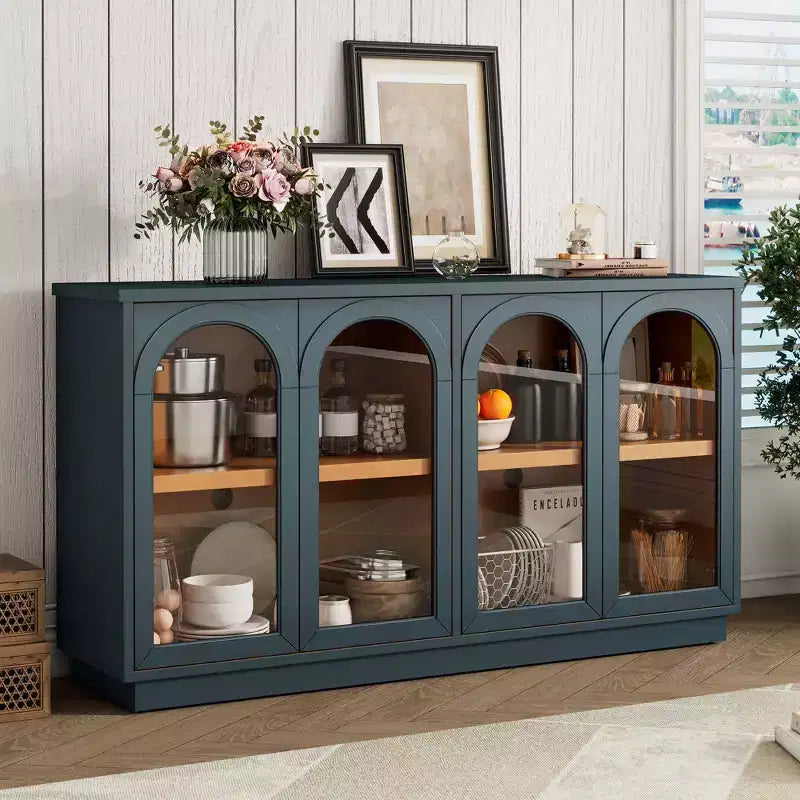 Buffet de rangement 4 portes avec portes vitrées, meuble arqué avec étagères réglables pour la cuisine