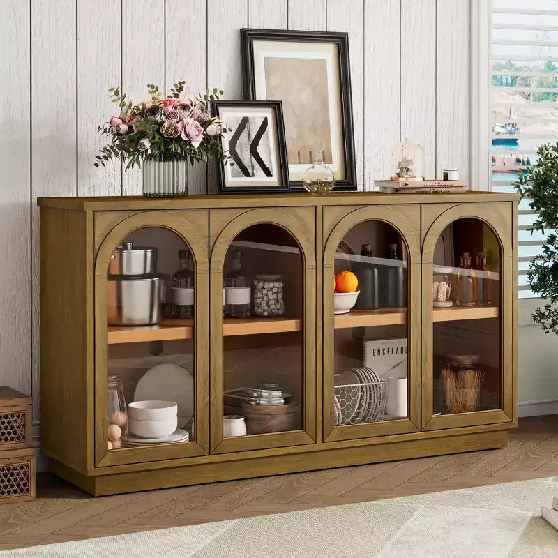 Buffet de rangement 4 portes avec portes vitrées, meuble arqué avec étagères réglables pour la cuisine