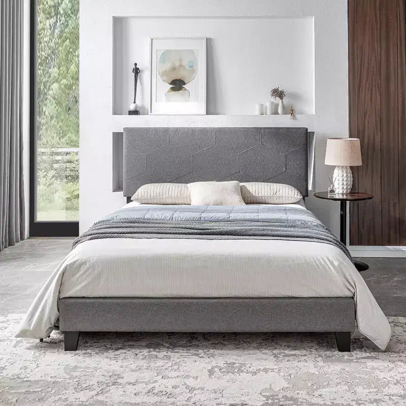 Okak Queen Size Upholstered Platform Bed Frame, Linen Bed Frame with Wood Slat Support for Bedroom, Gray PU