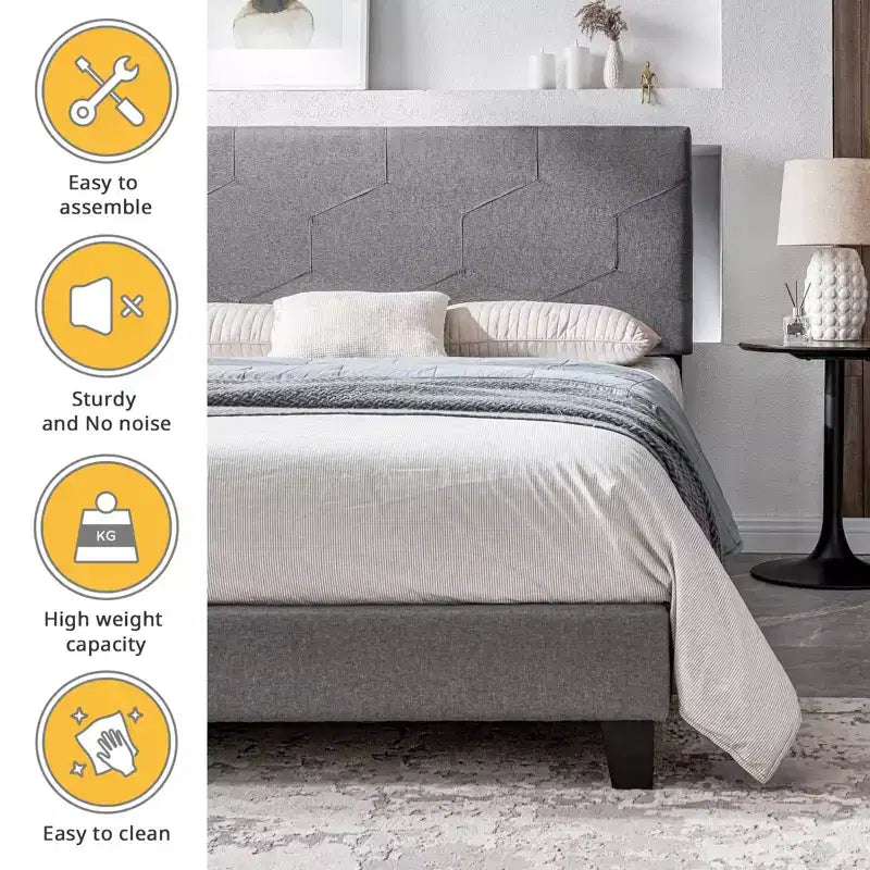 Cadre de lit plateforme rembourré grand format, cadre de lit en lin avec support de lattes en bois pour chambre à coucher, PU gris