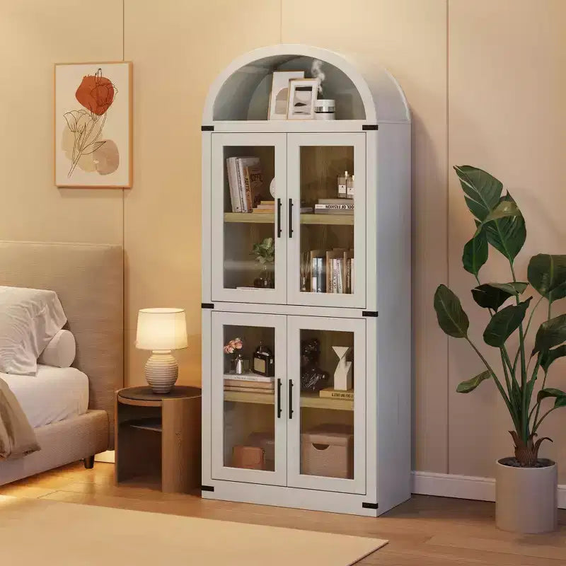 Bibliothèque haute et arquée de 71", étagère avec compartiment ouvert, organisateur de rangement en bois sur pied