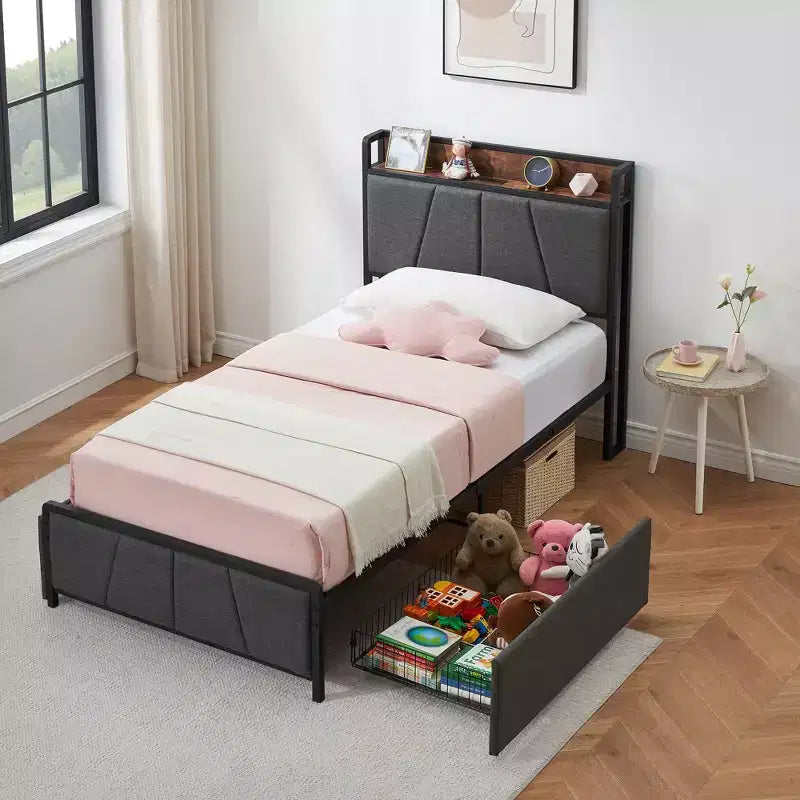 Bed Frame with 2 Storage Drawers, Linen Upholstered Platform Bed Frame with Storage Headboard and Charging Station, Heavy Duty, Gray