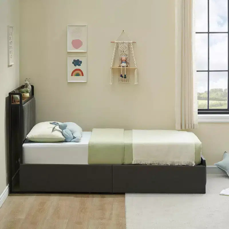 Cadre de lit avec 2 tiroirs de rangement, cadre de lit plateforme en lin avec tête de lit de rangement et station de recharge, robuste, gris