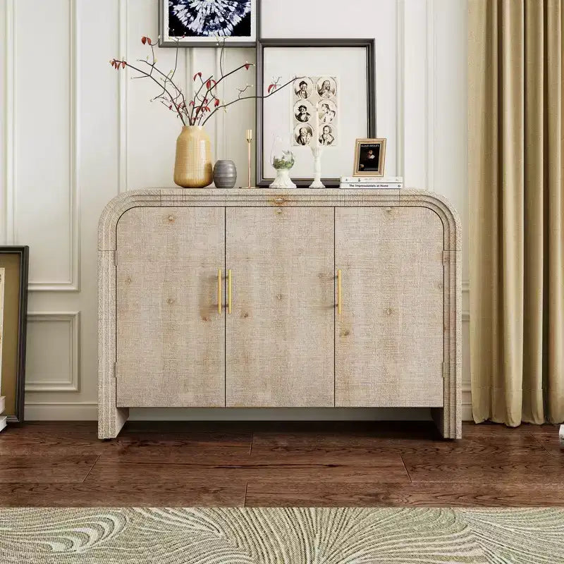 Okak Retro Minimalist Curved Kitchen Sideboard with Gold Handles and Adjustable Dividers for Living Room