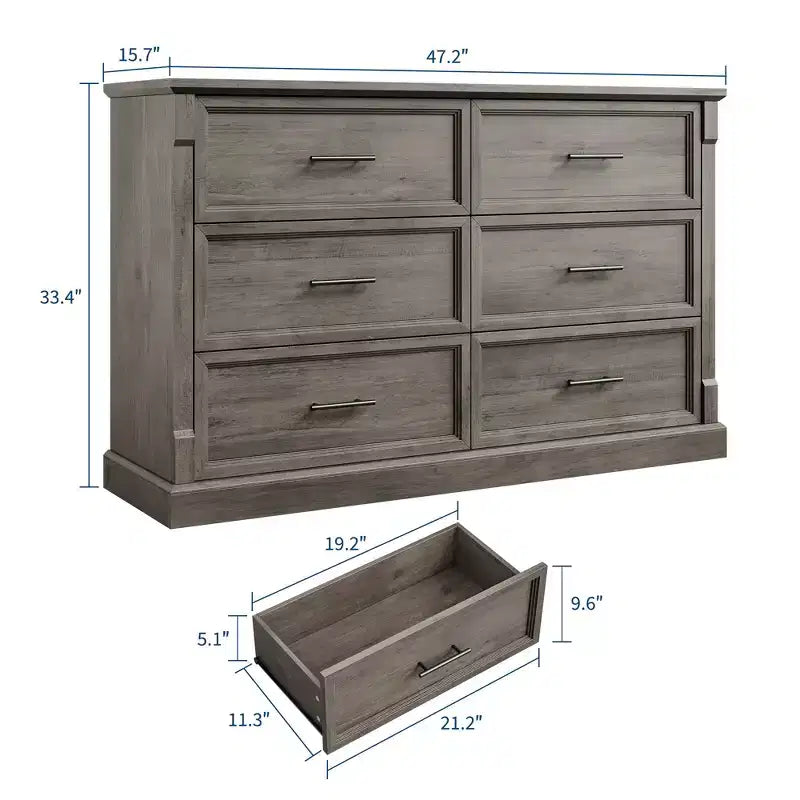 Commode de ferme à 6 tiroirs, commode rustique en bois avec poignées en métal, grande commode de rangement pour meuble TV pour salon, chambre d'enfant, chambre à coucher