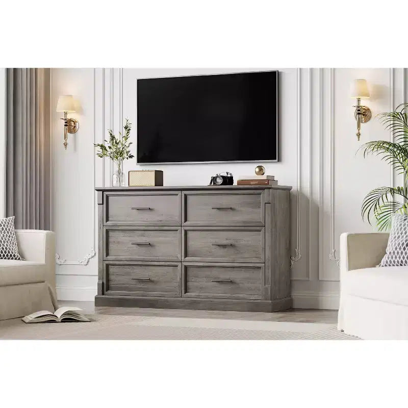 Commode de ferme à 6 tiroirs, commode rustique en bois avec poignées en métal, grande commode de rangement pour meuble TV pour salon, chambre d'enfant, chambre à coucher