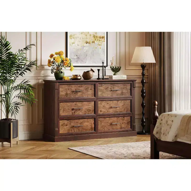 Commode de ferme à 6 tiroirs, commode rustique en bois avec poignées en métal, grande commode de rangement pour meuble TV pour salon, chambre d'enfant, chambre à coucher