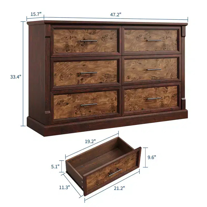 Commode de ferme à 6 tiroirs, commode rustique en bois avec poignées en métal, grande commode de rangement pour meuble TV pour salon, chambre d'enfant, chambre à coucher
