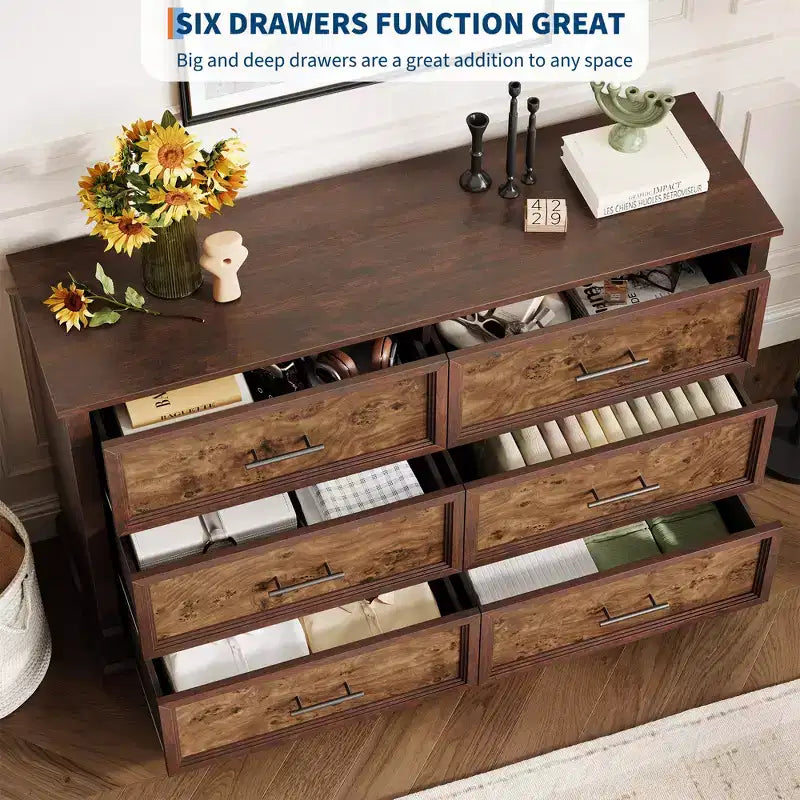 Commode de ferme à 6 tiroirs, commode rustique en bois avec poignées en métal, grande commode de rangement pour meuble TV pour salon, chambre d'enfant, chambre à coucher