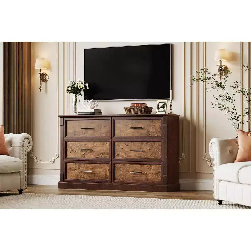 Commode de ferme à 6 tiroirs, commode rustique en bois avec poignées en métal, grande commode de rangement pour meuble TV pour salon, chambre d'enfant, chambre à coucher