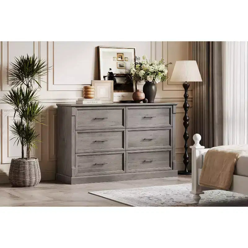 Commode de ferme à 6 tiroirs, commode rustique en bois avec poignées en métal, grande commode de rangement pour meuble TV pour salon, chambre d'enfant, chambre à coucher