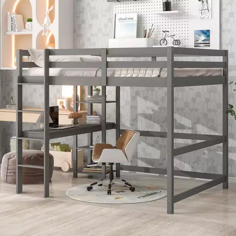 Okak Full/Twin Size Loft Bed with Study Desk and Shelves,Sturdy Wooden Loft Beds with Ladder & Safety Rails for Kids,Teens