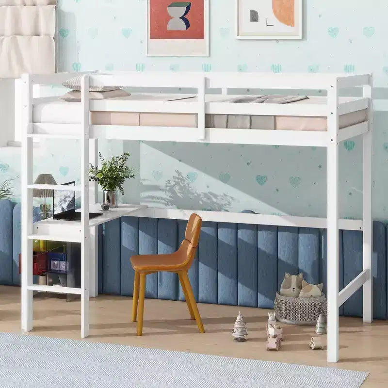 Lit mezzanine double/simple avec bureau et étagères, lits superposés en bois robustes avec échelle et barrières de sécurité pour enfants, adolescents