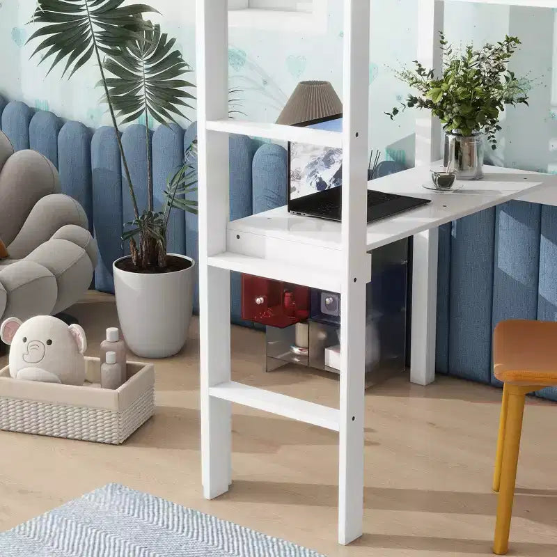 Lit mezzanine double/simple avec bureau et étagères, lits superposés en bois robustes avec échelle et barrières de sécurité pour enfants, adolescents