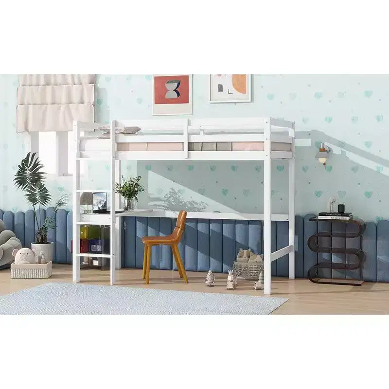 Lit mezzanine double/simple avec bureau et étagères, lits superposés en bois robustes avec échelle et barrières de sécurité pour enfants, adolescents