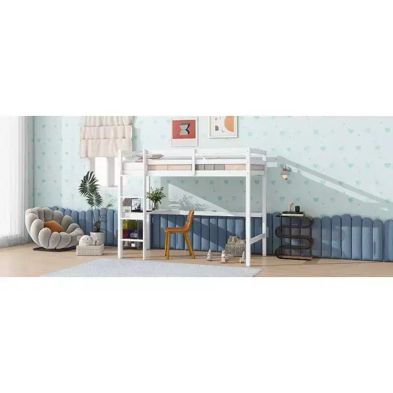 Lit mezzanine double/simple avec bureau et étagères, lits superposés en bois robustes avec échelle et barrières de sécurité pour enfants, adolescents