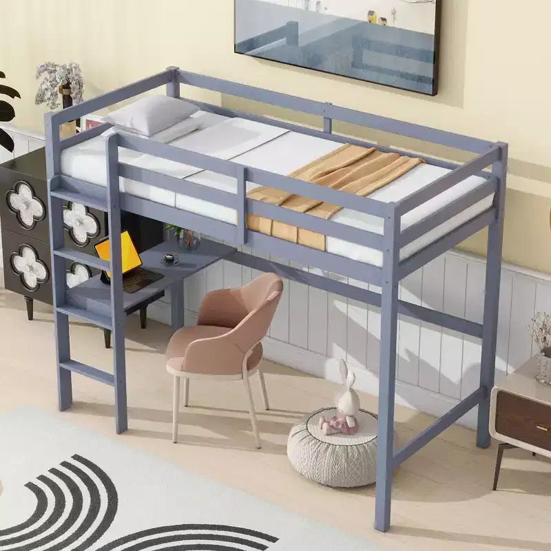 Lit mezzanine double/simple avec bureau et étagères, lits superposés en bois robustes avec échelle et barrières de sécurité pour enfants, adolescents