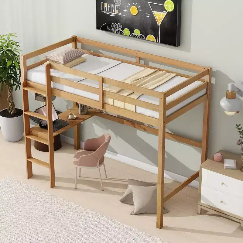 Lit mezzanine double/simple avec bureau et étagères, lits superposés en bois robustes avec échelle et barrières de sécurité pour enfants, adolescents